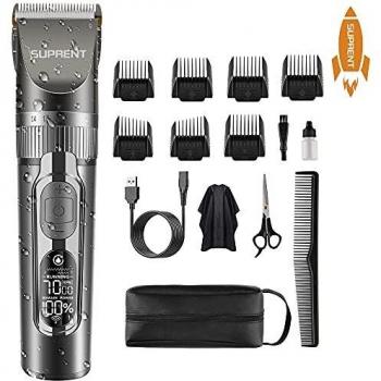 Cortapelos para hombres, SUPRENT Kit de corte de pelo inalámbrico impermeable, Profesional de pelo Trimmer con Titanio & hoja de cerámica, 5 configuraciones de velocidad ajustables & Pantalla LCD