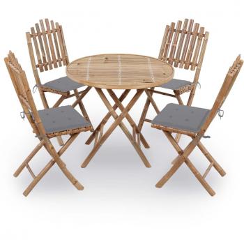 5-Piece Folding Bamboo Outdoor Dining Set with Cushions