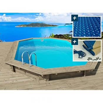 Piscina de madera Miami 4,86 x 3,36 x 1,20 m con cubierta de burbujas de 180 µ y cubierta de invierno de 280 gr/m²