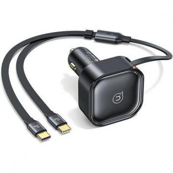 Cargador de Coche Usams 30W con Cable Retráctil 2xUSB-C PD Rápido Negro