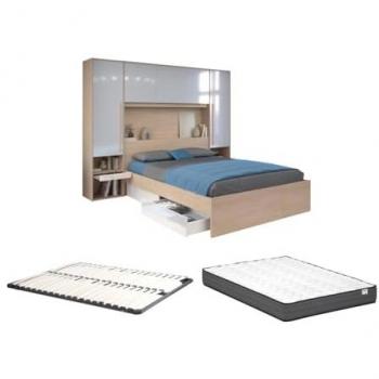 Cama con Almacenamiento 140 x 190 cm con Luces LED - Color Natural y Blanco Brillante + Somier + Colchón - VELONA
