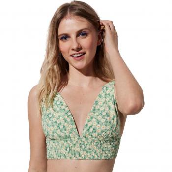 Top de playa Ysabel Mora con estampado floral y escote en V, tirantes fruncidos, color verde