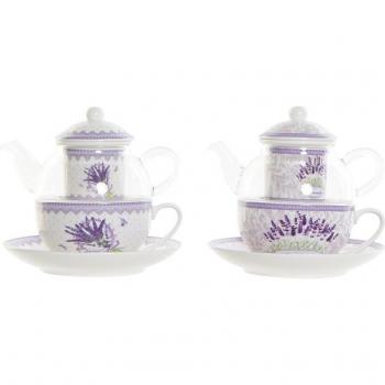 Tetera de cristal con diseño de veleros y detalles en porcelana blanca