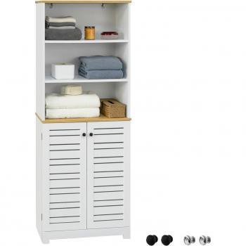 SoBuy BZR44-W Mueble de baño alto con 2 puertas de listones, armario para baño con 5 estantes, color blanco y natural, medidas: 60x30x160cm
