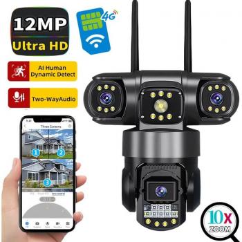 Cámara de vigilancia IP V380 Pro 4G con triple pantalla de 12 MP, visión nocturna HD, detección humana por IA, IP66 y conexión WiFi
