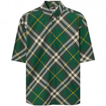 Burberry Men's Check Motif Cotton Shirt, Short Sleeve, Equestrian Knight Check, Green, Size Small