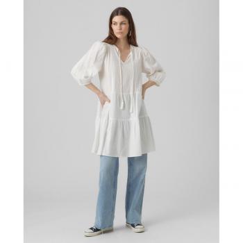 Vero Moda Pretty 3/4 Sleeve Short Dress with Drawstring, Regular Fit, White