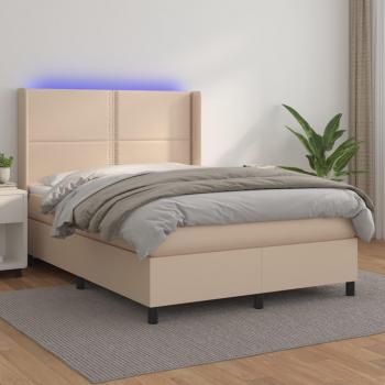 Cama box spring con colchón LED de cuero sintético color capuchino 140x200cm