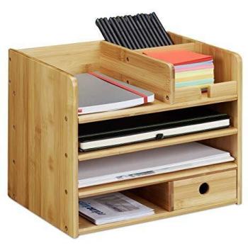 Organizador de Escritorio de Bambú con Cajón y Archivador A4 para Documentos, Libretas y Bolígrafos, Marrón