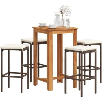 5 Piece Brown Acacia Wood and Poly Rattan Garden Bar Set