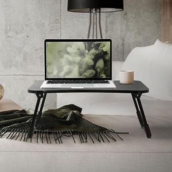 Mesa Plegable para Ordenador Portátil 60x40 cm Negra con Soporte para Tableta, Bebidas, 4 Puertos USB, Lámpara y Ventilador