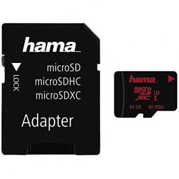 Tarjeta microSDXC Hama 64GB UHS Clase 3 con Adaptador, Velocidad de Lectura 80MB/s