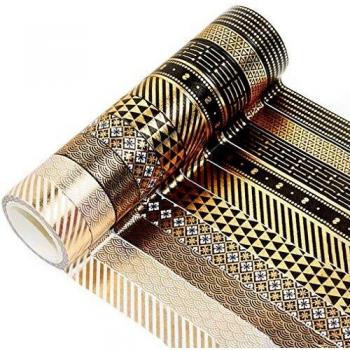 Juego de 10 rollos de cinta washi negra y dorada con estampado metálico, ideal para manualidades, diarios, planificadores y álbumes