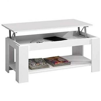 Mesa Centro con revistero, Mesa elevable, mesita Mueble Salon Comedor, Acabado en Blanco Artik, Medidas: 102 cm