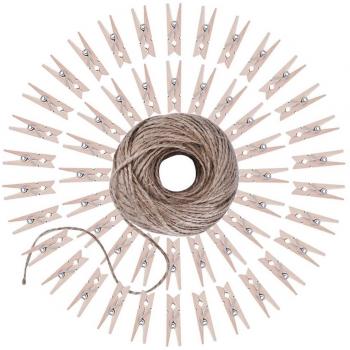 Cosanter 50 Piezas Mini Pinzas de Madera de Colores Naturales Pinzas con 100 m Cuerda de Yute Para Colgar Fotos Papel y Clips