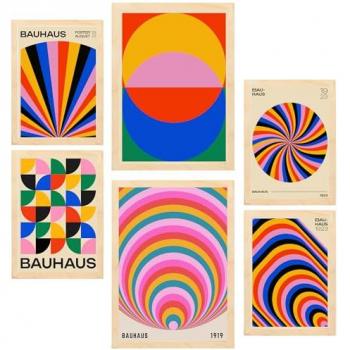 Set de 6 Pósters Geométricos Bauhaus con Colores Vibrantes para Decorar Paredes del Hogar - Tamaños A3 y A4, Sin Marco