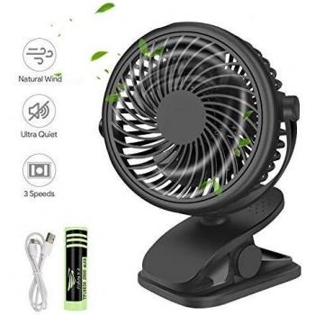 Qhui Ventilador USB, Portatil Mini Ventilador Silencioso, 3 Velocidades Potente Pinza Ventiladores Pequeño de Mesa con Recargable Batería y Cable USB para Oficina, Hogar, Fitness, Cochecito de Bebé