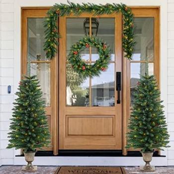 vidaXL Artificial Christmas Trees Set with Wreath, Garland and LEDs - Green