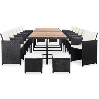 Set de Comedor de Jardín 17 Piezas con Cojines en Ratán Sintético Negro