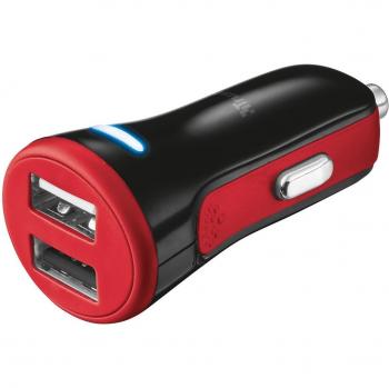 Trust 20742 - Cargador con doble USB de móvil para el coche, salida de 10W/4A, rojo y negro