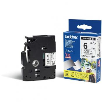 Brother TZe-FX211 Cinta Laminada Flexible para Etiquetadora - Texto Negro sobre Fondo Blanco - 6mm Ancho x 8m Longitud