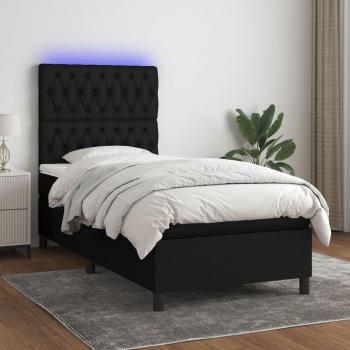 Cama box spring con colchón y luces LED, tela negra, 100x200 cm