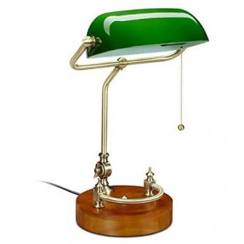 Lámpara de Escritorio Banquero Retro con Interruptor de Cadena, Tulipa Inclinable y Base de Madera, E27, Verde - Relaxdays