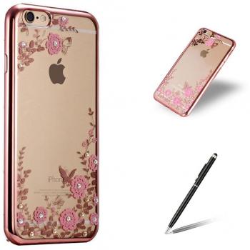 Feeltech Apple Iphone 6/6s 4.7 Inch Funda Ultra Thin Delgado Brillar Suave de TPU Electrochapado Case con Diseño Jardín Secreto Flores El Bling Cristal Diamante Bumper Espalda Cáscara para Apple Iphone 6/6s 4.7 Inch-Rosa Oro Rosado Henna