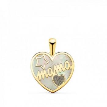 Colgante Oro 18k Nácar Corazón Mamá con Estrella, Corazón, Polvo de Circonita para Mujer