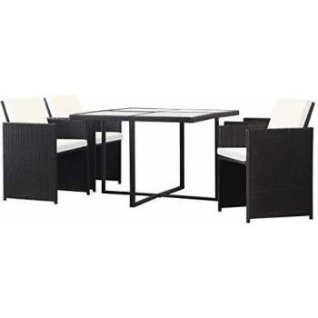 5-Piece Outdoor Dining Set with Cushions in Black Poly Rattan