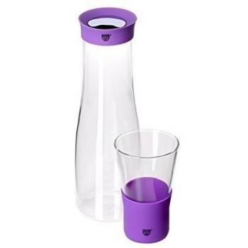 GRÄWE Jarra de cristal de 1 litro con vaso de 0,3 litros – Boquilla de silicona, lila, cierre de acero inoxidable