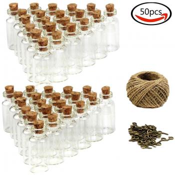 Goodlucky365 (50pcs) 5 ml Mini Botellas de Cristal Con Tapón de Corcho Pequeñas Botellas Frascos de Vidrio, 50 Piezas Tornillos de Ojo y Cordel de 30 Metros Botellas de Mensajes