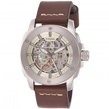 Fossil Reloj de Pulsera para Hombre ME3083, diseño unisex, caja de acero inoxidable, correa de cuero marrón, resistencia al agua hasta 50 metros, esfera analógica con detalles en color azul y manec