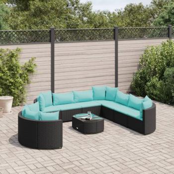 10-Piece Black Poly Rattan Garden Sofa Set with Cushions