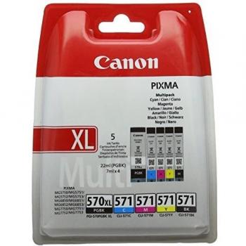 Canon PGI-570 XL+CLI-571 5 Cartuchos Multipack de tinta original PGBK XL y BK/C/M/Y para Impresora de Inyeccion de tinta Pixma TS5050-TS5055-TS5053-TS5051-TS6050-TS6052-TS6051-TS8050-TS8053-TS8052-TS8051-TS9055-TS9050-MG5750-MG5751-MG5752-MG5753-MG6850-MG