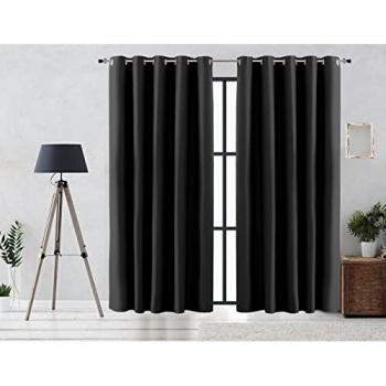 Cortina Rustica Oscurante Lisa con Anillas y Ojales, Efecto Lona, 140x255 cm, Color Negro