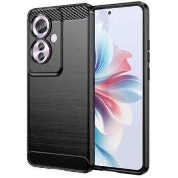 Funda Protectora Antigolpes de Silicona Negra con Diseño de Fibra de Carbono para Oppo Reno 11F - Resistente y Compatible con Carga Inalámbrica