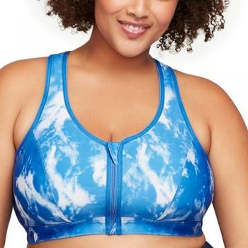 Glamorise Wireless Front-Zip Sports Bra - Blue/White Tie-Dye