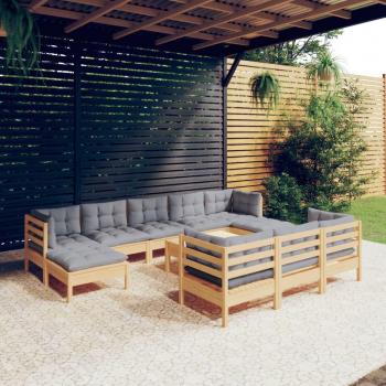 11-Piece Solid Pinewood Garden Lounge Set with Gray Cushions
