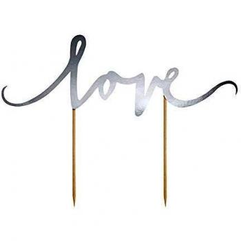 Pick con inscripciónLove plateada - Decoración para tarta de boda