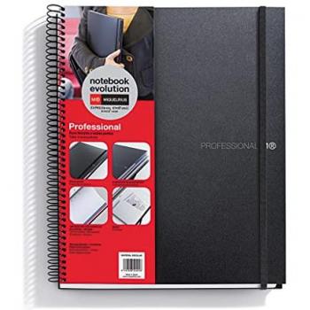 Cuaderno A4 Miquelrius Evolution Professional 120 Hojas (100 Cuadrículadas + 20 Lisas), Tapa Polipropileno Negro, Cierre de Goma, Bolsillo y 3 Separadores Movibles