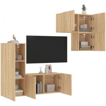 Mueble de TV de pared 4 piezas en madera de ingeniería color roble Sonoma marrón