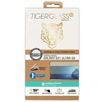 muvit for change Tiger Protector Pantalla Samsung Galaxy S21 Ultra 5G Vidrio Templado Curvo Case Friendly Marco Negro Anti Bacteria