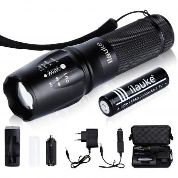 ilauke linterna LED XM-L T6 superluminosa con cargador de batería Premium 18650 en caja de almacenamiento
