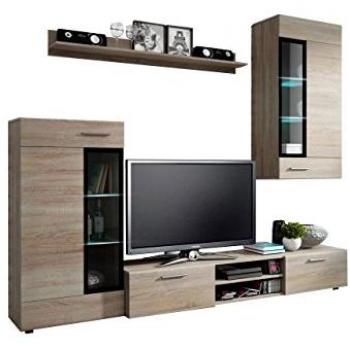 Conjunto de salón Tucson 101 con mesa de TV, Aglomerado laminado, Roble Sonoma, Partes separadas, Iluminación LED opcional
