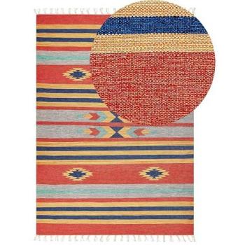 Alfombra Kilim Multicolor de Algodón 140 x 200 cm Tejida a Mano Reversible con Patrón Geométrico y Borlas