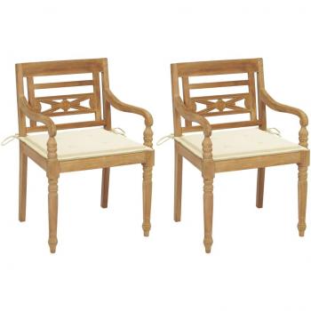 Batavia Solid Teak Wood Chairs with Cream Cushions - Set of 2