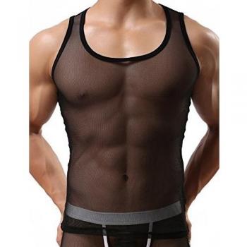 HanDu camiseta sin mangas de malla ajustado transparente, entrenamiento, gimnasio, para caballero negro negro