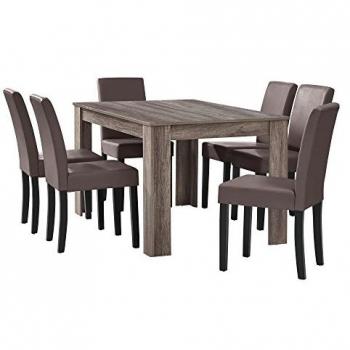 Conjunto de Mesa de Comedor Forssa 140x90 cm + 6 Sillas de Polipiel - Roble Antiguo y Marrón