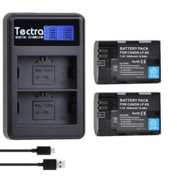 Paquete de 3 Baterías Li-Ion 2650mAh LP-E6 + Cargador Doble LCD para Canon EOS 5DS, 5D Mark II, III, 6D, 7D,